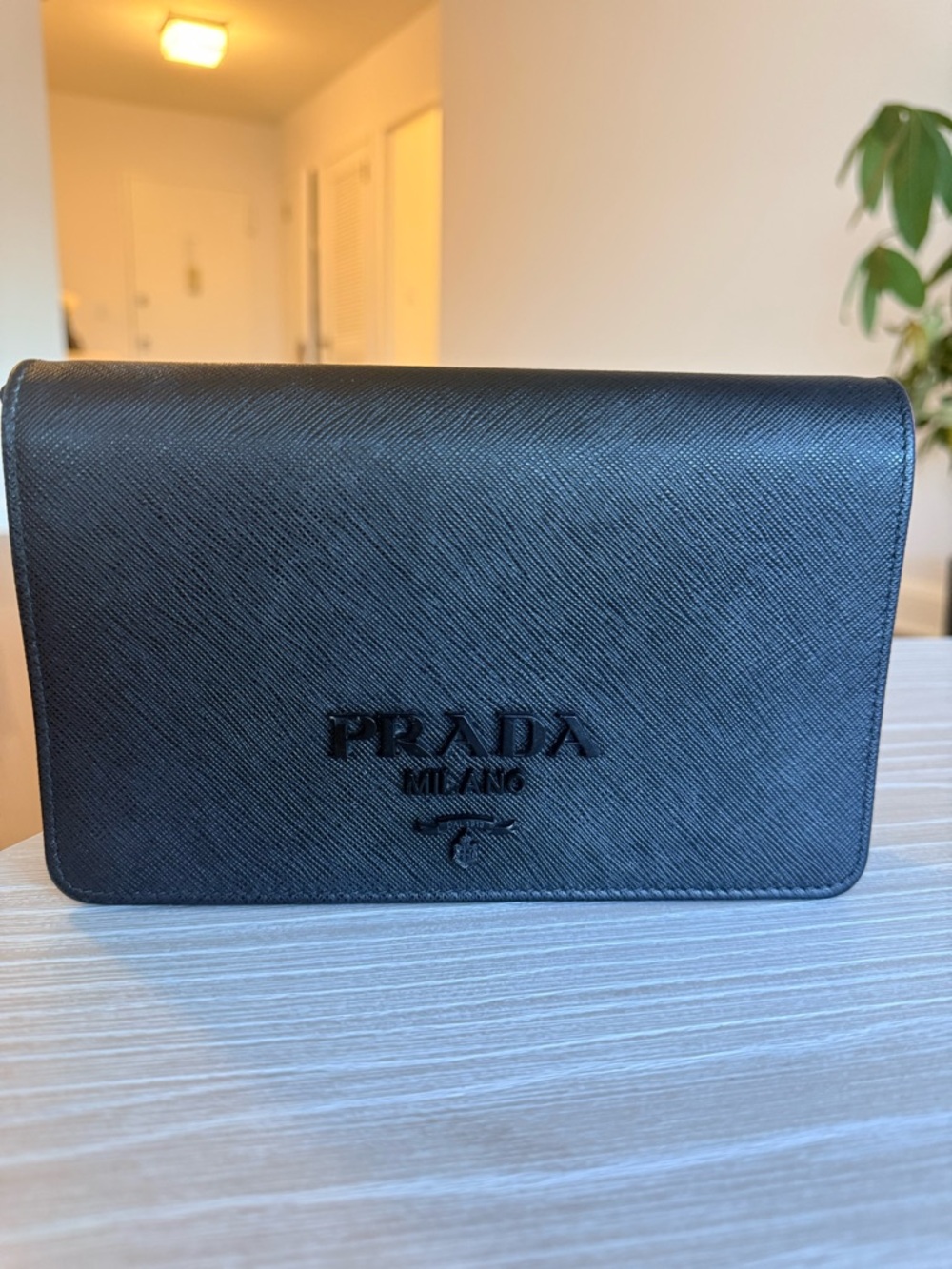 Prada Black Saffiano Leather Monochrome Wallet on Chain